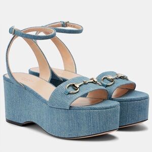BNIB Gucci Women's Horsebit Platform Wedge Denim Sandals sz.38